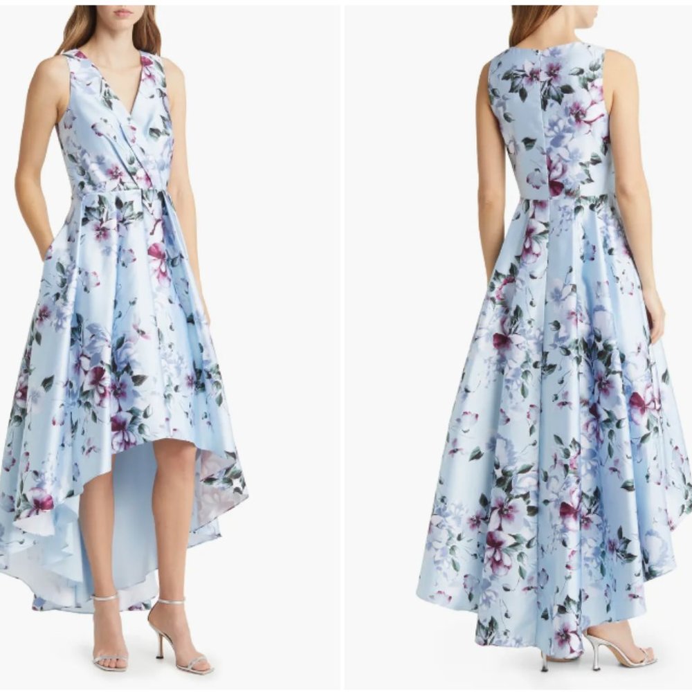 ELIZA J FLORAL PRINT HIGH LOW HEM SKY COMBO DRESS sz 4
